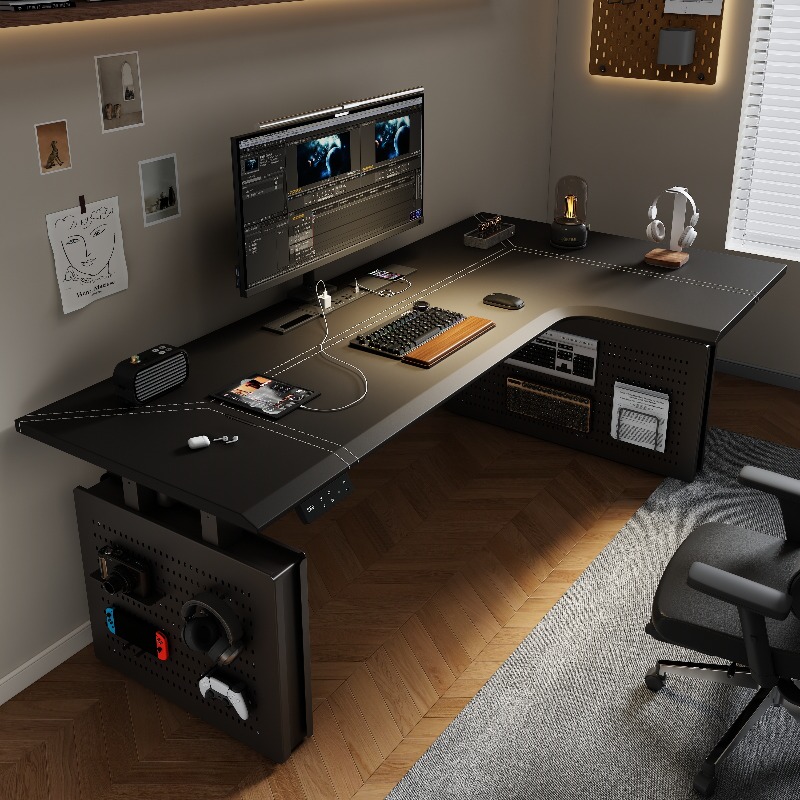 Home Office L Shaped Desk - الشمال الأسود الزاوية طاولة رفع كهربائية